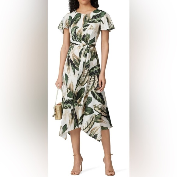 Great Jones Tropical Leaf Print Midi Dress Green Ivory Asymmetrical Hem Size 4 - Picture 5 of 13